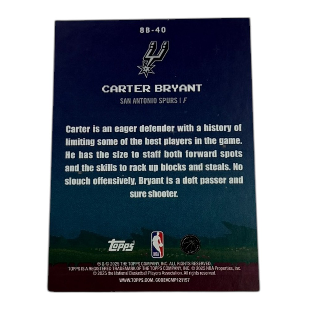 2025 Topps 8-Bit Ballers Carter Bryant‎ RC Rookie San Antonio Spurs 8B-40 NBA - Picture 2 of 2